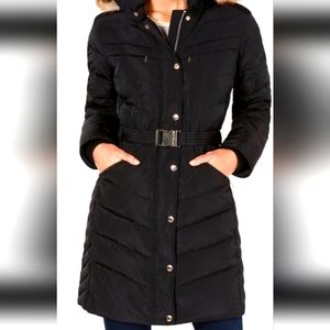 Micahel kors faux fur trim belted down puffer jacket